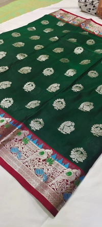 Venkatagiri Handloom Paithani Boder Pattu Saree - Green, Free