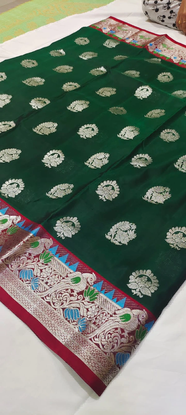 Venkatagiri Handloom Paithani Boder Pattu Saree - Green, Free