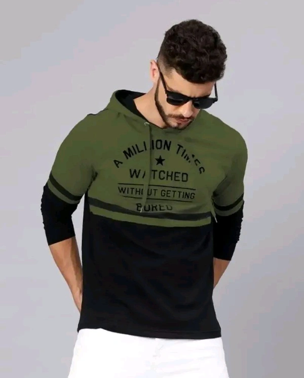 Cotton Blend Trending Mens Full Sleeves Hooded T Shirt - L, Black
