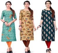 Women's Printed Full-Stitched Crepe Straight Kurti(Combo Pack Of 3) - L, White