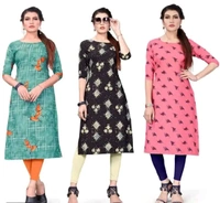 Women's Printed Full-Stitched Crepe Straight Kurti(Combo Pack Of 3) - L, Black