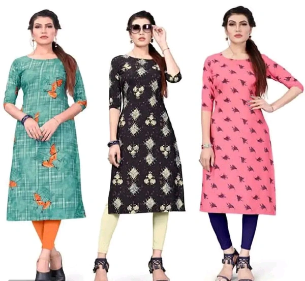 Women's Printed Full-Stitched Crepe Straight Kurti(Combo Pack Of 3) - L, Black