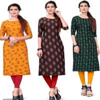 Women's Printed Full-Stitched Crepe Straight Kurti(Combo Pack Of 3) - XL, Gray