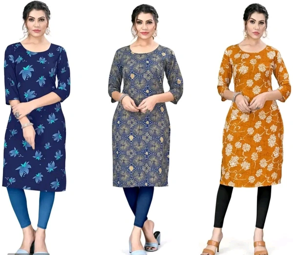 Women's Printed Full-Stitched Crepe Straight Kurti(Combo Pack Of 3) - XL, Gray