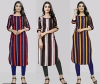 Women's Printed Full-Stitched Crepe Straight Kurti(Combo Pack Of 3) - M, Red