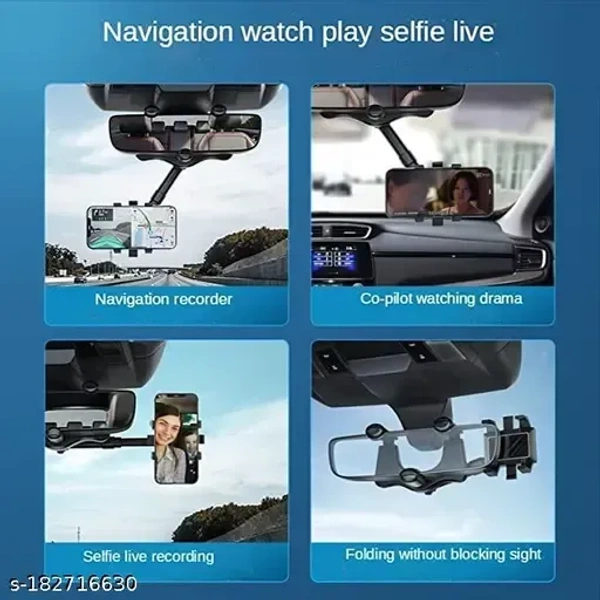 GKO Car Rearview Mirror Phone Holder Mount 360 Degree Adjustable and Retractable, Universal 360° Car Rearview Mirror Mount Stand Holder, Mobile Holder for Car Compatible with All Mobile Phones - Black, Black, FREE