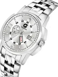 Day & Date Function Watch With Silver Coated White Dial, Stainless Steel Chain Strap Analog Watch - For Men - White, FREE