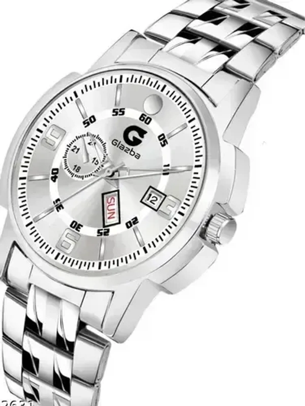 Day & Date Function Watch With Silver Coated White Dial, Stainless Steel Chain Strap Analog Watch - For Men - White, FREE