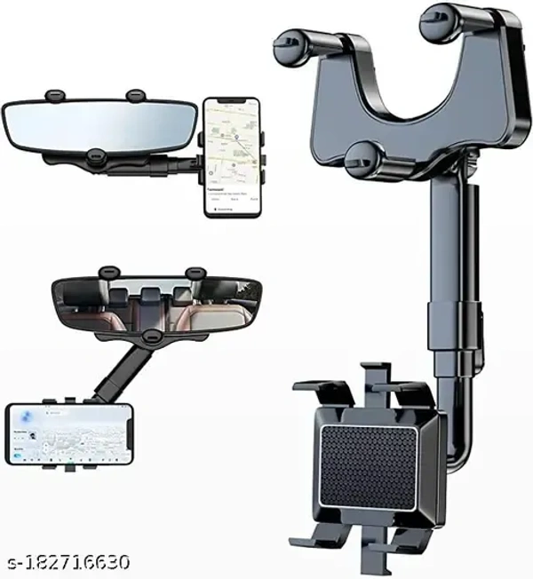 GKO Car Rearview Mirror Phone Holder Mount 360 Degree Adjustable and Retractable, Universal 360° Car Rearview Mirror Mount Stand Holder, Mobile Holder for Car Compatible with All Mobile Phones - Black, Black, FREE