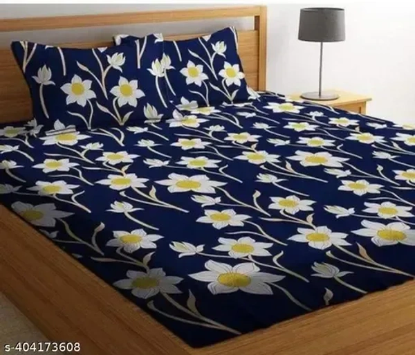 Glace-Cotton Bedsheet For Double Bed With 2 Pillow Covers - Blue, FREE