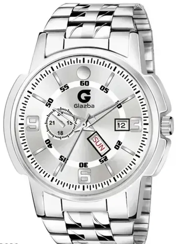 Day & Date Function Watch With Silver Coated White Dial, Stainless Steel Chain Strap Analog Watch - For Men - White, FREE