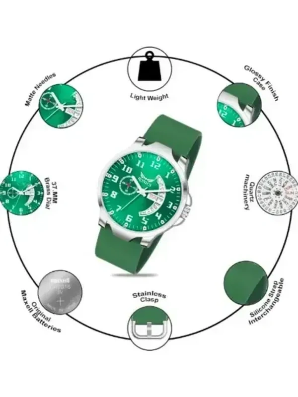 Ronics Green dail Green strep Antique 2.0 Day & Date Softest Silicone Strap Analog Watch for Men & Boys - Green, FREE