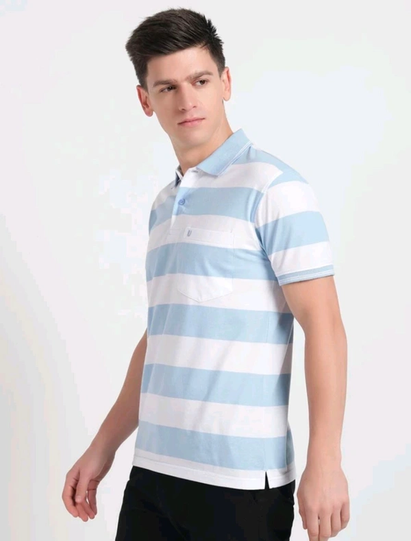 UNIBERRY Striped Men Polo Neck Light Blue T-Shirt - XXL