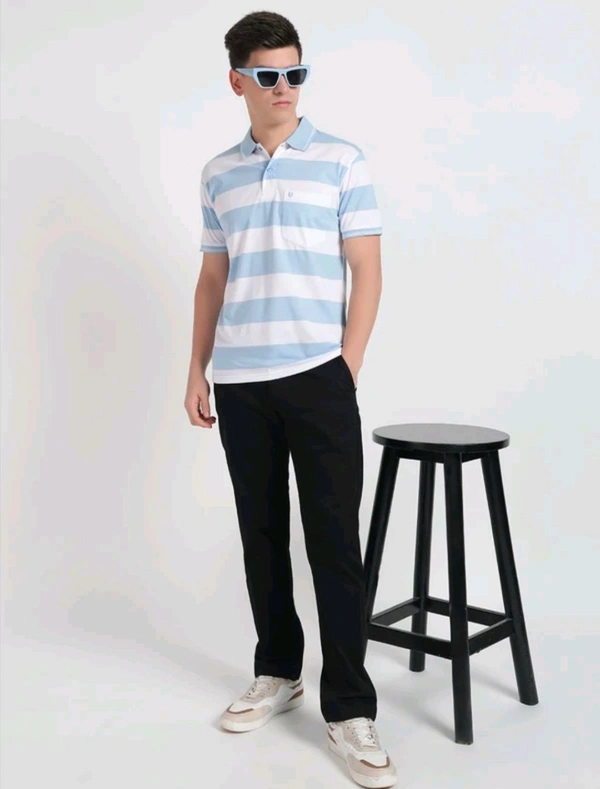 UNIBERRY Striped Men Polo Neck Light Blue T-Shirt - XXL