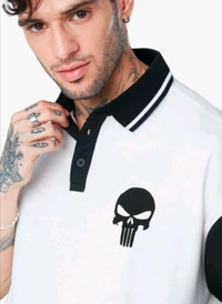 Dattebayo Self Design Men Polo Neck White, Black T-Shirt  - M