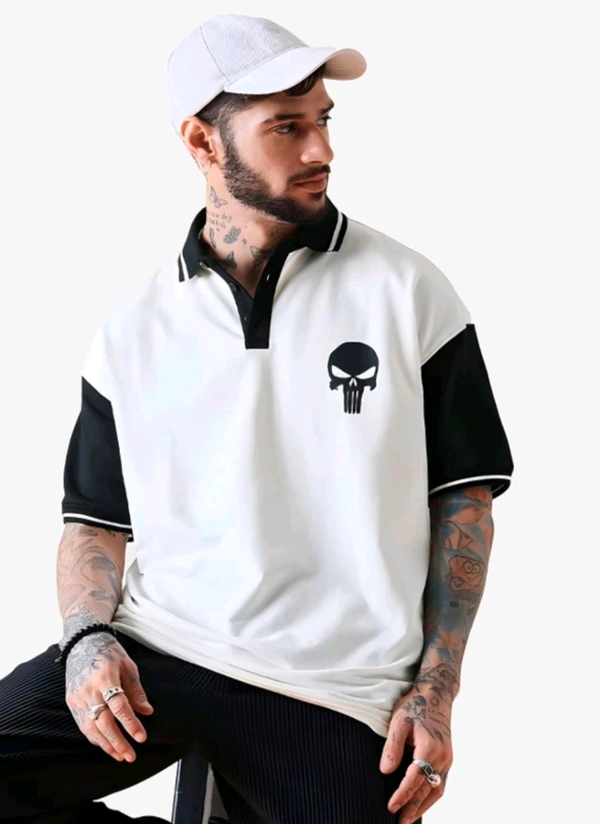 Dattebayo Self Design Men Polo Neck White, Black T-Shirt  - L
