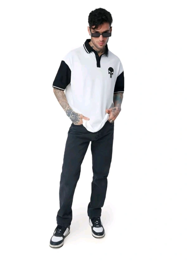 Dattebayo Self Design Men Polo Neck White, Black T-Shirt  - L