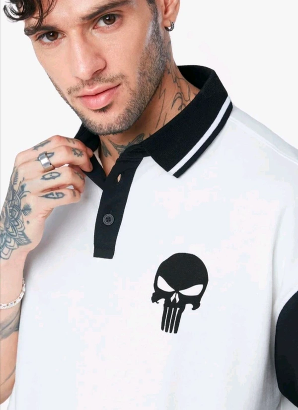 Dattebayo Self Design Men Polo Neck White, Black T-Shirt  - L