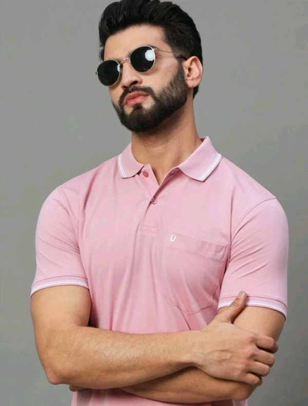 UNIBERRY Solid Men Polo Neck Pink T-Shirt  - L