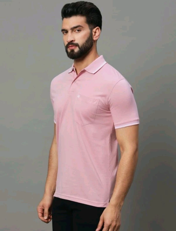 UNIBERRY Solid Men Polo Neck Pink T-Shirt  - L