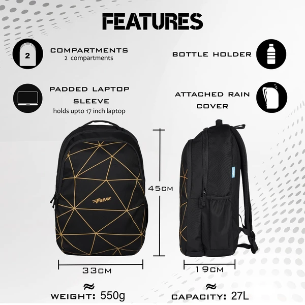 FGEAR Chamber Black 23L Laptop Backpack with Raincover-Colour: BLACK - F Gear Chamber 23L Laptop Bag