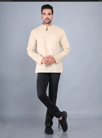 NIRVANA Men's Solid Beige Cotton Straight Kurta - Beige, S