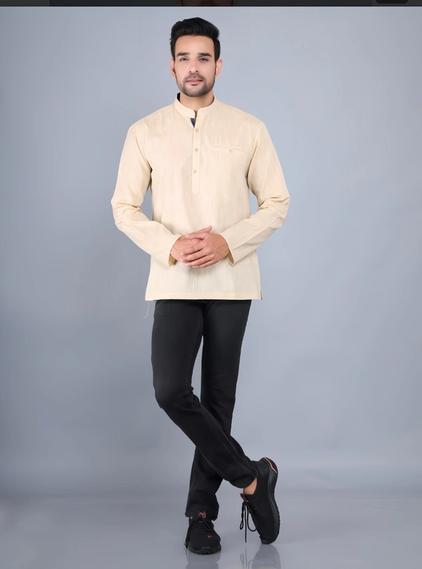 NIRVANA Men's Solid Beige Cotton Straight Kurta - Beige, S