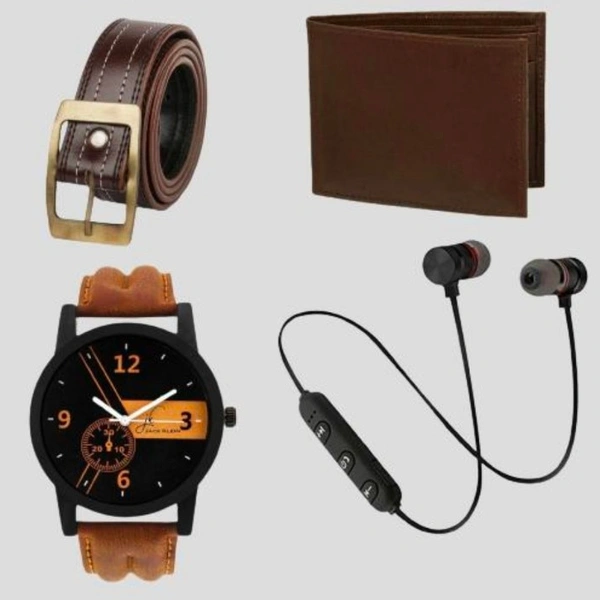 NIRVANA  Combo Of Men's Watch, Wallet, Belt And Wireless Bluetooth Earphone with Mic