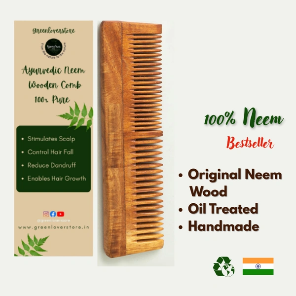 Greenloverstore 100% Pure Oil Treated Neem Wooden Dual Side Comb From Kerala 