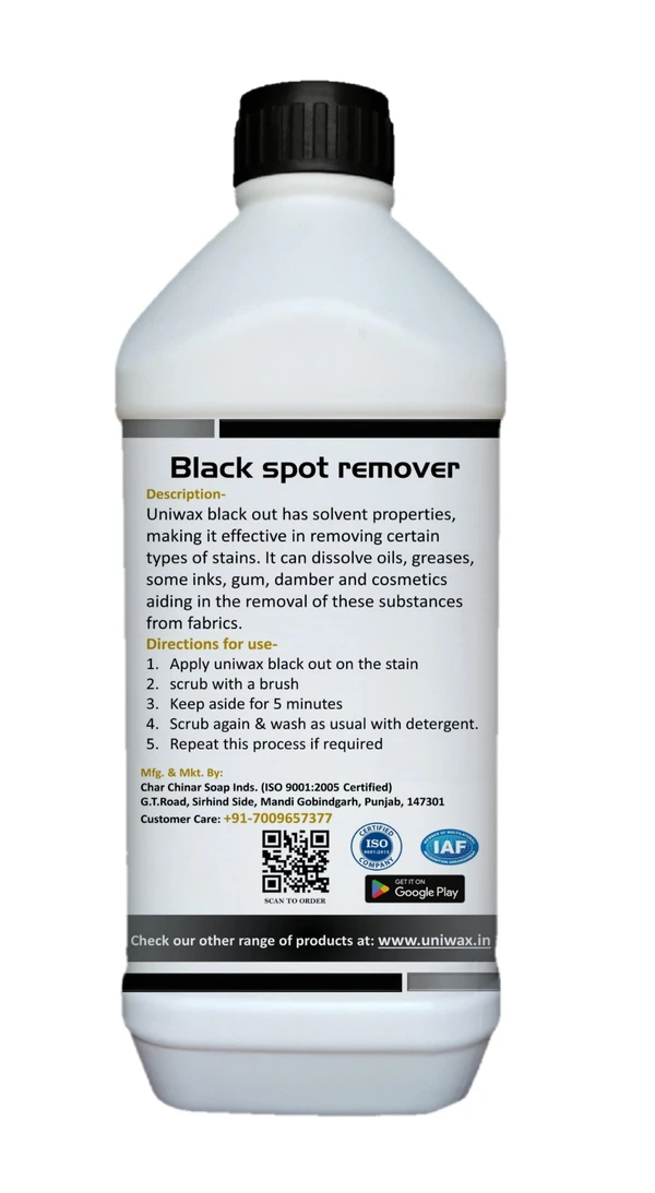 Black out- black stain remover  DAMBER, PAINT, OIL, GREASE, GUM, COSMETICS, INK, ETC. - 1 liter