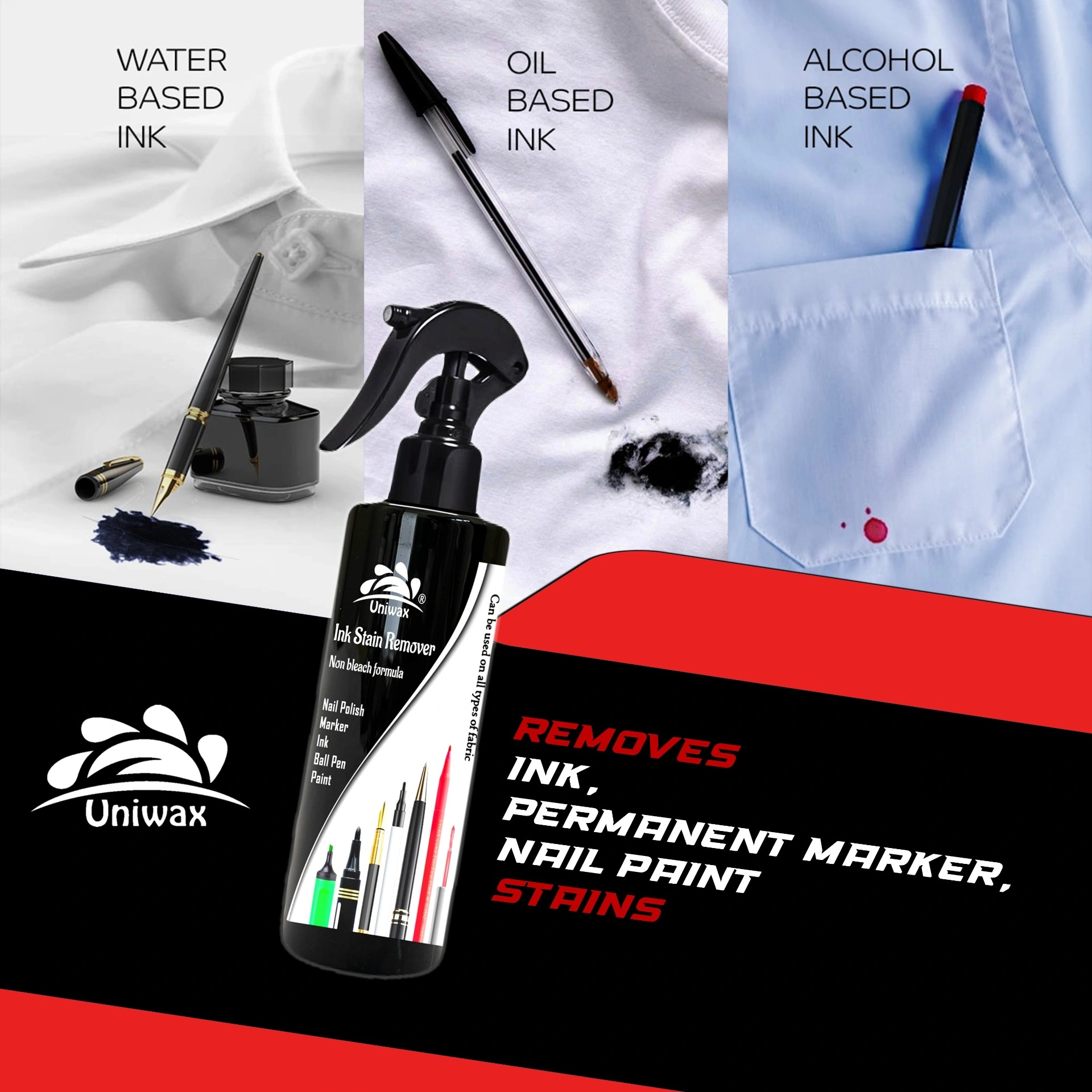 uniwax ink remover, Ballpoint pen, fountain pen, ink, Permanent marker, Gel pen stain remover from fabric and furniture - 200ml