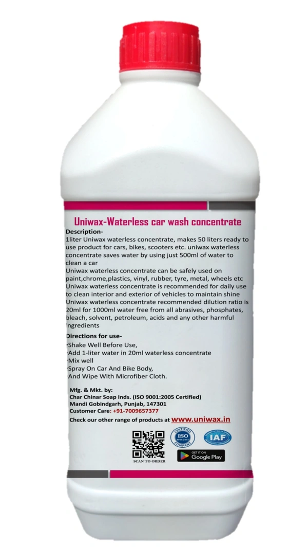 Uniwax drywash or Waterless car wash with wax concentrate Rinseless Car Wash | Eco Friendly Quick Detailer Spray | Exterior Car Cleaning | Car Care Products 1:40 - 1 kg