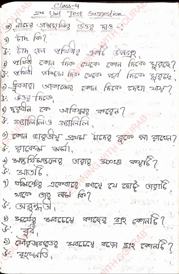 চতুর্থ শ্রেণীর আমাদের পরিবেশ 2nd Unit Test Suggetion