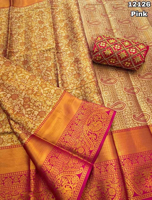 KS0002 Kanjivaram Golden Zari Weaving Saree With Work Blouse Combo  - pink