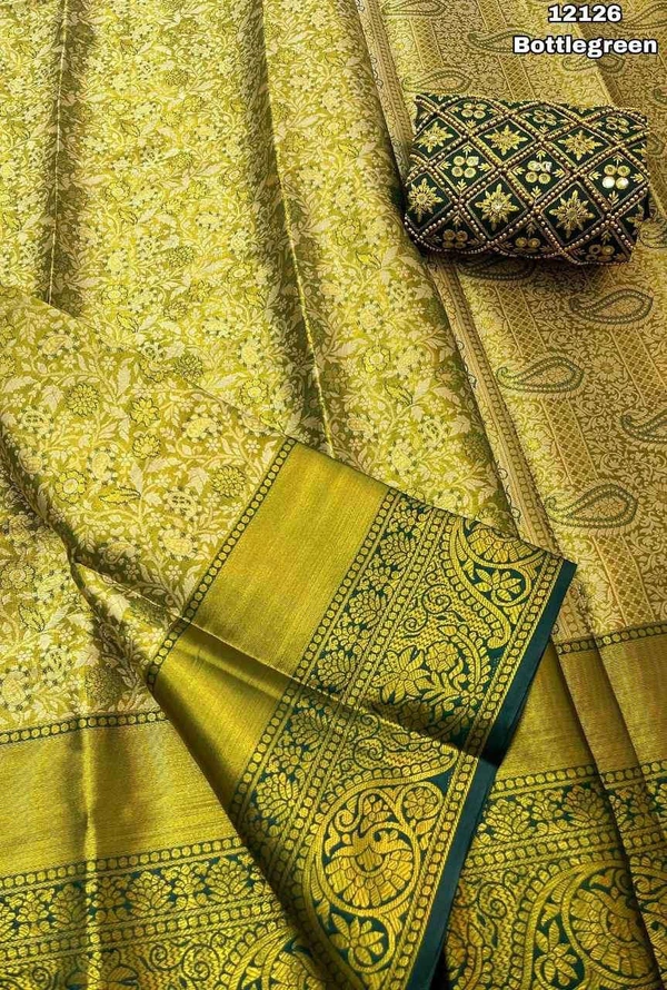 KS0002 Kanjivaram Golden Zari Weaving Saree With Work Blouse Combo  - GREEN