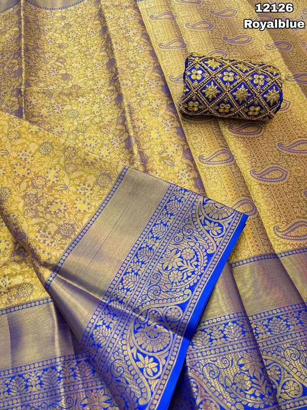 KS0002 Kanjivaram Golden Zari Weaving Saree With Work Blouse Combo  - Royal Blue