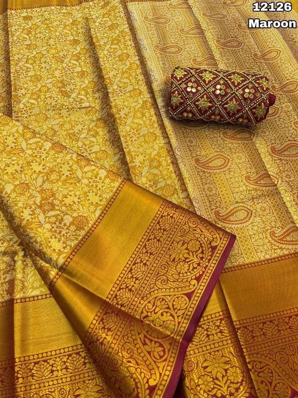 KS0002 Kanjivaram Golden Zari Weaving Saree With Work Blouse Combo  - Maroon