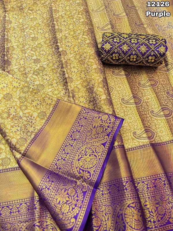 KS0002 Kanjivaram Golden Zari Weaving Saree With Work Blouse Combo  - Purple