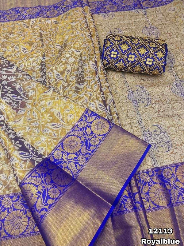 KS0005 Kanjivaram Saree + Work Blouse Combo  - Royal Blue