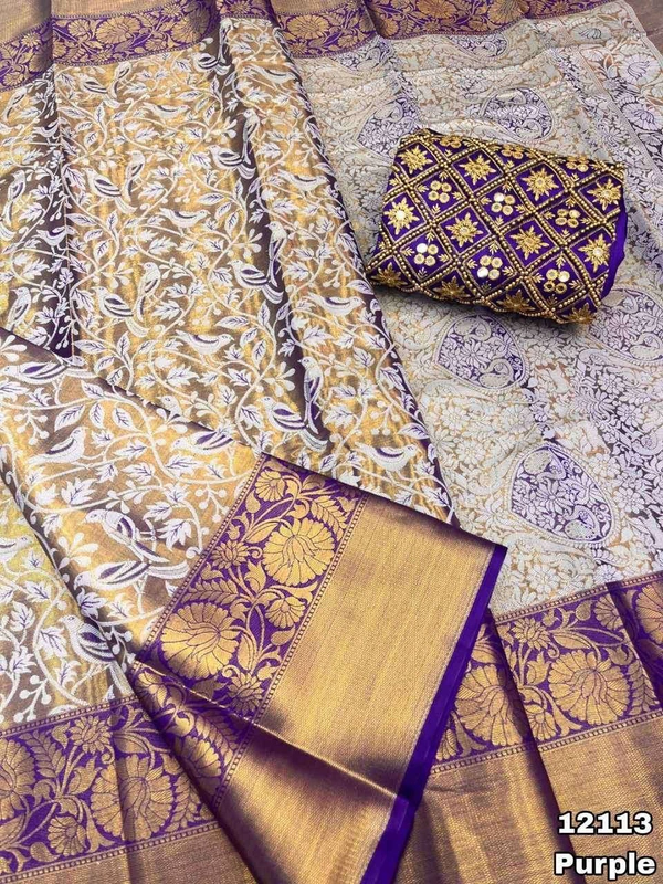 KS0005 Kanjivaram Saree + Work Blouse Combo  - Purple