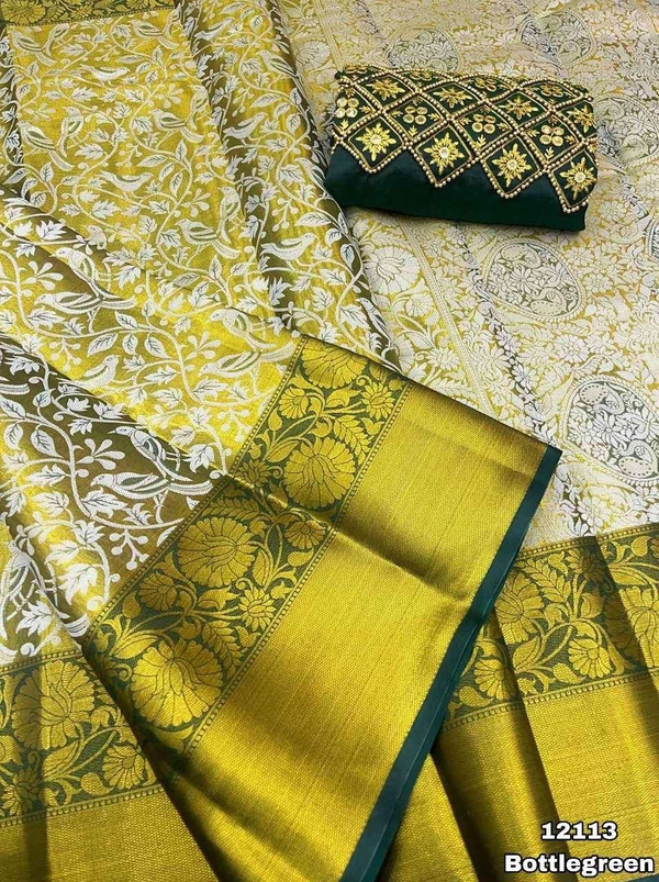 KS0005 Kanjivaram Saree + Work Blouse Combo  - GREEN