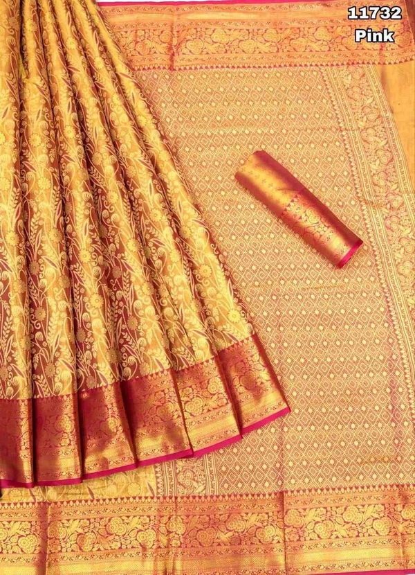 KS0008 Kanjivaram Soft Silk Saree Small Border  (Without Face) - Pink