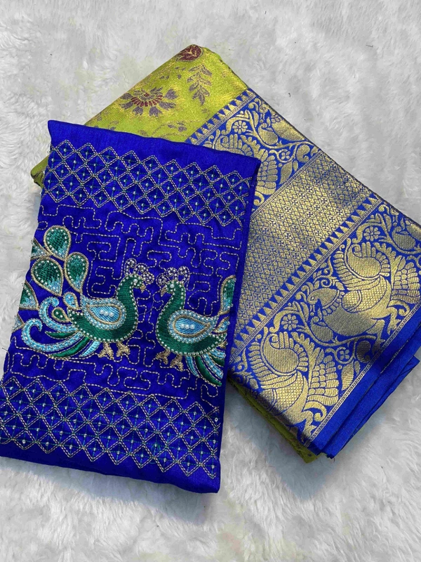 Work Blouse + Kanjivaram saree combo - KSA0023 ( NO COD ) - Pista Green