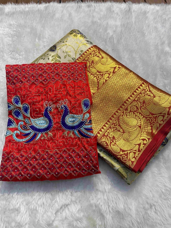 Work Blouse + Kanjivaram saree combo - KSA0023 ( NO COD ) - off white  & Red