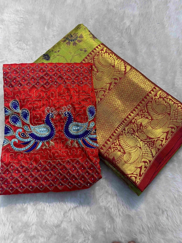 Work Blouse + Kanjivaram saree combo - KSA0023 ( NO COD ) - Green & Red