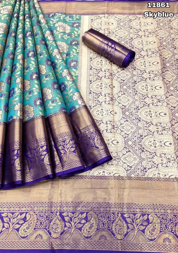 KS0019 Kanjivaram Floral Weaving Silk Saree  - Sky Blue