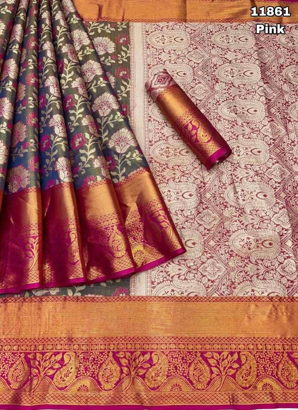 KS0019 Kanjivaram Floral Weaving Silk Saree  - Dusty