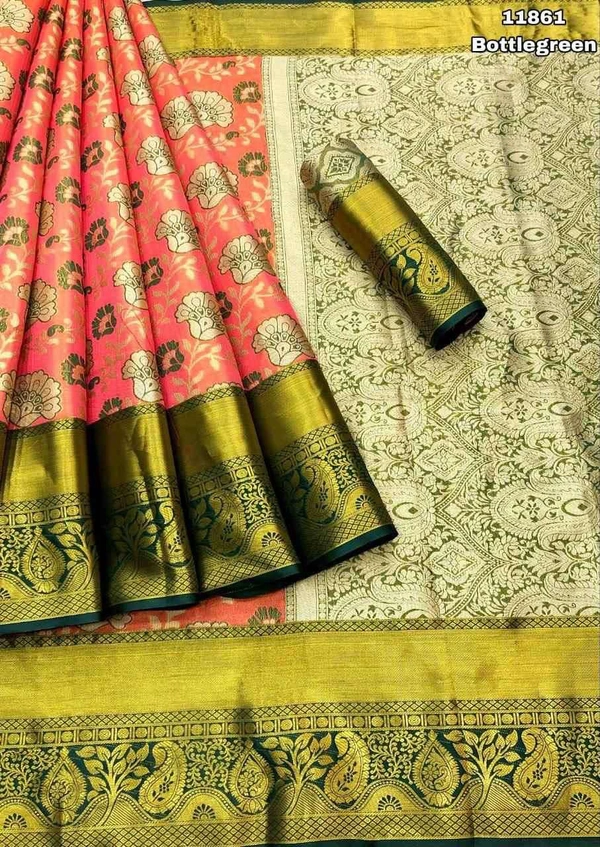 KS0019 Kanjivaram Floral Weaving Silk Saree  - Bottle green