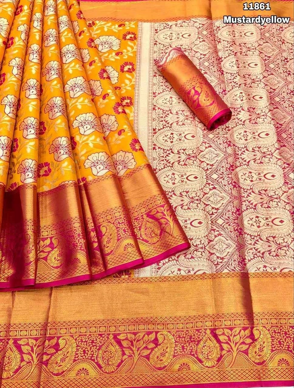 KS0019 Kanjivaram Floral Weaving Silk Saree  - Mustard