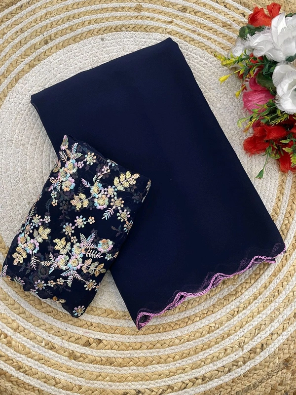 Georgette Saree With Work Blouse - GAS301 - Navy Blue